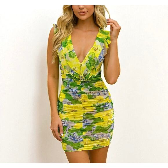 Zara Mesh Floral Mini Dress Yellow Ruffle Ruched Plunge V-Neck Size S - Picture 1 of 7